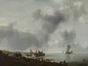 Schepen voor de kust van Jan van de Cappelle: zee met schepen, kust, wolken en zeilen, in gedempt grijsblauw
