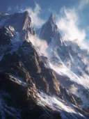 Schilderij van scherpe besneeuwde bergtoppen onder blauwe lucht