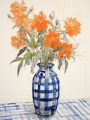 Schets van oranje bloemen in een blauw geblokte vaas.