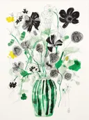 Schets van een boeket met donkere bloemen in een groen gestreepte vaas.