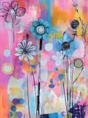Mixed-media schilderij met getekende bloemen op roze en blauwe achtergrond