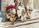 Stilleven van ceremoniele schilden met verenpluimen en gouden randen