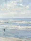 Schilderij van een persoon die langs de golven loopt op het strand