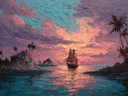 Schilderij van een zeilschip bij zonsondergang tussen tropische rotseilanden met palmbomen