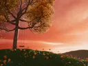 Digitale illustratie van een boom met schommel op een heuvel bij een dramatische zonsondergang