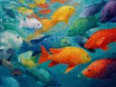 Schilderij van een school kleurrijke tropische vissen onder water