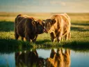 Schotse Hooglander een teder moment, de oever, met een spiegeling in het water, de volle zomer