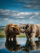 Schotse Hooglander een teder moment, de oever, met een spiegeling in het water, een zacht bewolkte hemel