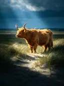 Schotse Hooglander en profil, de duinen, een enkele lichtbundel als een spotlicht