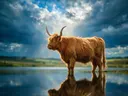 Schotse Hooglander en profil, de oever, met een spiegeling in het water, een fris moment na de regen