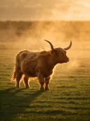 Schotse Hooglander en profil, een rustig weiland, een gouden namiddagzon