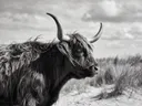 Schotse Hooglander en profil, de duinen, een zacht bewolkte hemel, zwart-wit