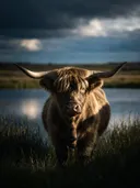 Schotse Hooglander frontaal, een weide bij het water, een enkele lichtbundel als een spotlicht