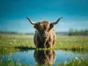 Schotse Hooglander frontaal, de oever, met een spiegeling in het water, een fris lentemoment
