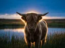 Schotse Hooglander frontaal, een weide bij het water, het felle tegenlicht van de ondergaande zon