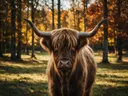 Schotse Hooglander frontaal, een bosrand, volle herfstkleuren