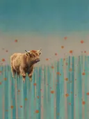 Schilderij van schotse hooglander in aqua en warm grijs, in vlakke kleurvlakken