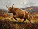 Schotse hooglander in beweging tussen de grassen, schilderij van schotse hooglander