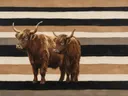 Schilderij van schotse hooglander in camel en ivoor, in vlakke kleurvlakken