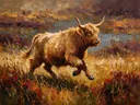 Schotse hooglander in diep beweging tussen de grassen, schilderij van schotse hooglander