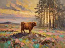 Schotse hooglander in diep het landschap tussen de bomen, schilderij van schotse hooglander