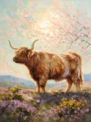 Schotse hooglander in diep pose bij bloesem, schilderij van schotse hooglander