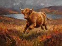 Schotse hooglander in donker beweging tussen de grassen, schilderij van schotse hooglander