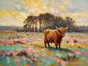 Schotse hooglander in donker het landschap tussen de bomen, schilderij van schotse hooglander
