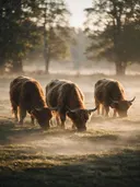 Schotse Hooglander in groepje, een bosrand, de ochtendmist