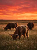 Schotse Hooglander in groepje, een bloemenweide, een silhouet tegen een vurige zonsondergang