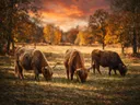 Schotse Hooglander in groepje, een bosrand, volle herfstkleuren