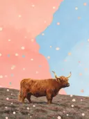 Schilderij van schotse hooglander in hemelsblauw en zalm, in vlakke kleurvlakken