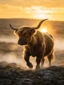 Schotse Hooglander in het veld, een rotsachtig hoogland, de ochtendmist