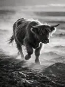 Schotse Hooglander in het veld, een rotsachtig hoogland, de ochtendmist, zwart-wit