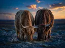 Schotse Hooglander in het veld, een rotsachtig hoogland, een blauw-oranje schemering
