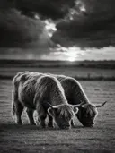 Schotse Hooglander in het veld, een rustig weiland, een dreigende luchten met een sepia-gloed, zwart-wit