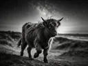 Schotse Hooglander in het veld, de duinen, een heldere sterrenhemel, zwart-wit