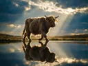 Schotse Hooglander in het veld, de oever, met een spiegeling in het water, lichtbundels door de wolken