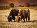 Schotse Hooglander in het veld, een goudkleurig stoppelveld, volle herfstkleuren