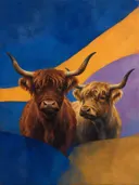 Schilderij van schotse hooglander in kobalt en saffraan, in vlakke kleurvlakken