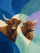 Schilderij van schotse hooglander in koele kleuren bij elkaar, in vlakke kleurvlakken
