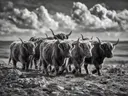 Schotse Hooglander in kudde, een rotsachtig hoogland, een dramatische blauwe lucht, zwart-wit