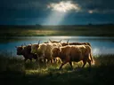 Schotse Hooglander in kudde, een weide bij het water, een enkele lichtbundel als een spotlicht