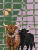 Schilderij van schotse hooglander in lila en mosgroen, in vlakke kleurvlakken