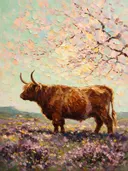 Schotse hooglander in pose bij bloesem, schilderij van schotse hooglander