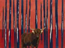 Schilderij van schotse hooglander in vermiljoen en indigo, in vlakke kleurvlakken