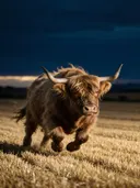 Schotse Hooglander in volle actie, een goudkleurig stoppelveld, de laatste gloed vlak voor de nacht