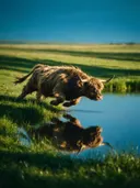 Schotse Hooglander in volle actie, de oever, met een spiegeling in het water, de volle zomer