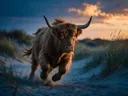 Schotse Hooglander in volle actie, de duinen, een blauw-oranje schemering