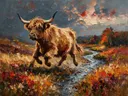 Schotse hooglander in warm beweging in een bloementuin, schilderij van schotse hooglander